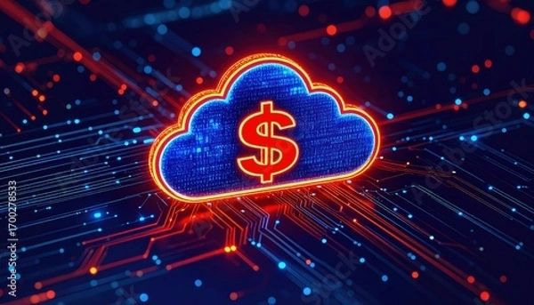 Fototapeta A digital cloud icon with a dollar sign, illuminated with blue and red lights, symbolizes cloud computing and financial technology.