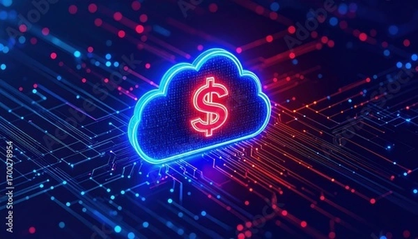 Fototapeta A digital cloud symbol with a dollar sign, illuminated in neon, represents cloud computing and financial technology against a vibrant background of data lines.