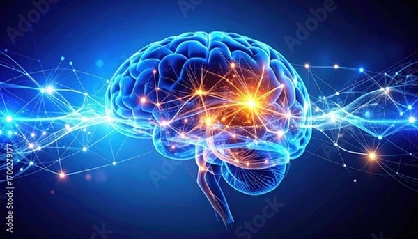 Fototapeta A vibrant, digital representation of a brain, showcasing neural connections and energy flow in a striking blue and orange color scheme.