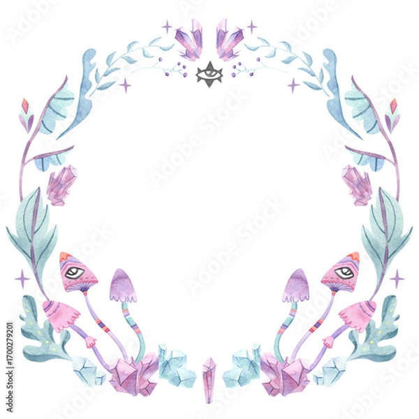 Obraz Watercolor magical floral wreath with leaves, eye symbol, crystals, mushrooms. Witchcraft design element isolated on white.