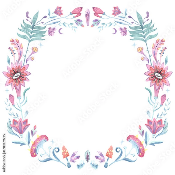 Obraz Magical floral wreath of flowers with eye, leaves, crystals, mushrooms. Witchcraft watercolor design element isolated on white.