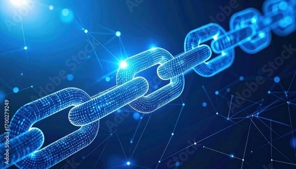 Fototapeta A futuristic digital chain is depicted, symbolizing blockchain technology and connectivity in a vibrant blue-toned background.