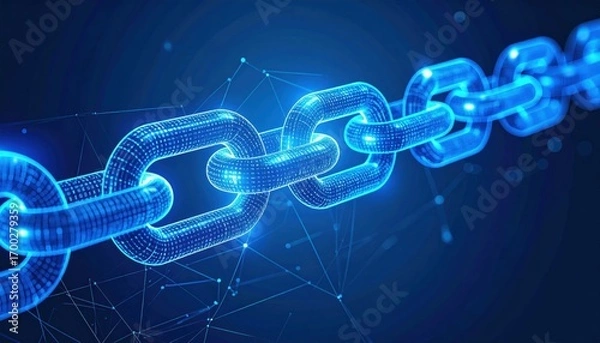 Fototapeta A digital illustration of interconnected chains, glowing in blue, symbolizing security, connectivity, and blockchain technology in a modern, tech-focused design.