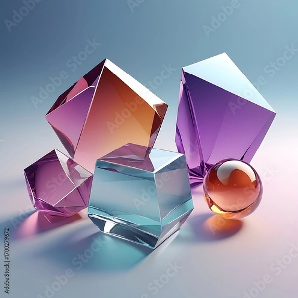 Fototapeta Abstract composition of geometric crystal shapes and a sphere with iridescent light reflections