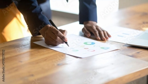 Fototapeta A person is analyzing graphs and charts while writing notes on a wooden table, emphasizing a professional and focused workspace.