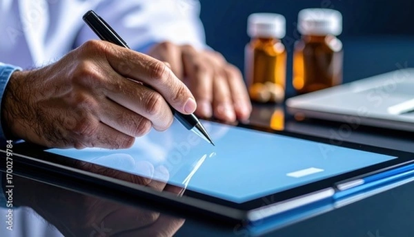 Fototapeta A hand holding a pen writes on a tablet, with bottles in the background, indicating a focus on digital documentation in a medical or professional setting.