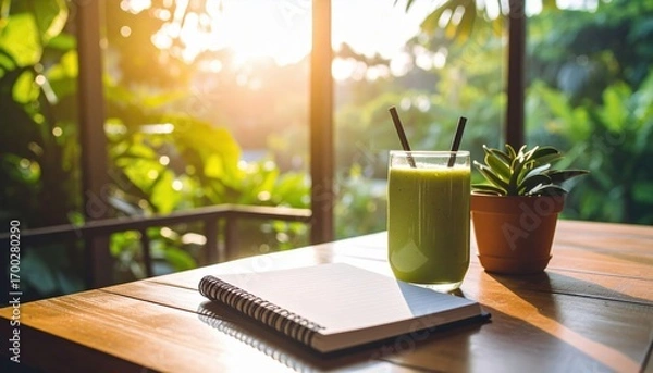 Fototapeta A refreshing green smoothie beside a notebook and a plant, illuminated by warm sunlight streaming through large windows.