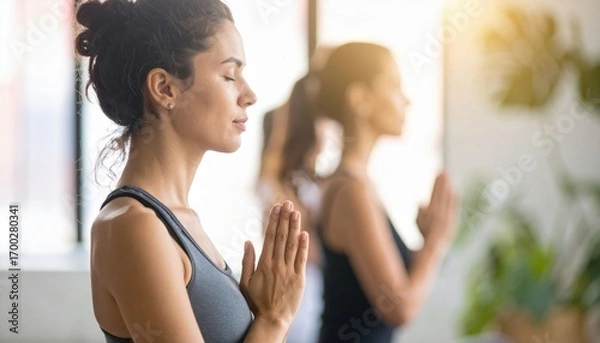 Fototapeta Two women practicing yoga in a serene indoor setting, focusing on mindfulness and relaxation, with hands in prayer position.