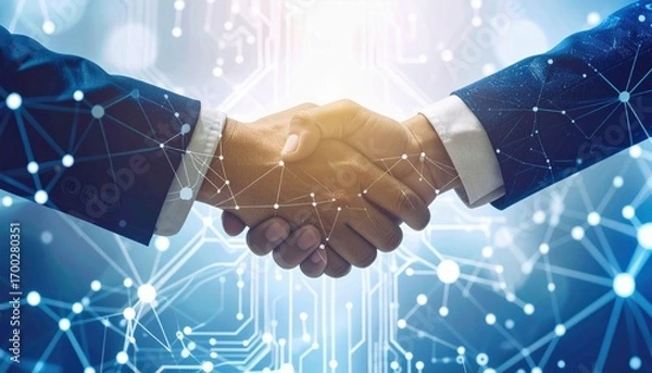 Fototapeta A digital handshake symbolizes partnership and collaboration, surrounded by a network of connected nodes and lines.