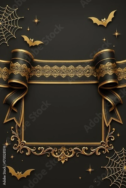 Obraz 金色のリボンとコウモリ・蜘蛛の巣をあしらった豪華なハロウィンフレーム