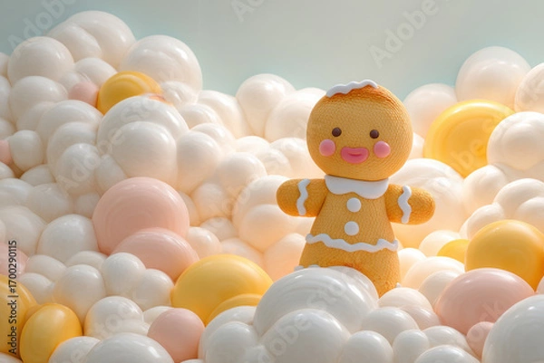 Fototapeta gingerbread man comes to life in augmented reality frolicking in virtual garden among fluffy clouds