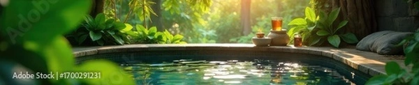 Fototapeta Relaxing outdoor bath surrounded by lush greenery, sunlight dappling through leaves Perfect for spa, wellness, nature, tranquility themes , luxury, calm, trees