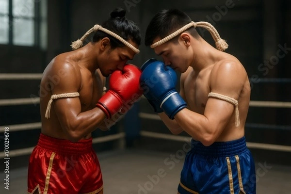 Fototapeta Two Muay Thai athletes demonstrating respect by touching gloves in the ring, embodying the spirit of martial arts tradition before their match