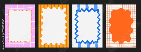 Fototapeta A trendy collection of vector frames and backgrounds with hand-drawn borders, abstract wavy lines retro-inspired patterns. Frames in playful colors. For invitations, posters, social media templates