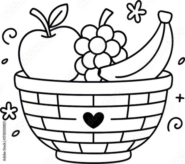 Fototapeta Cute kawaii line art illustration of a fruit basket with apple, grapes, and banana decorated with heart and doodle accents, simple black and white design for coloring