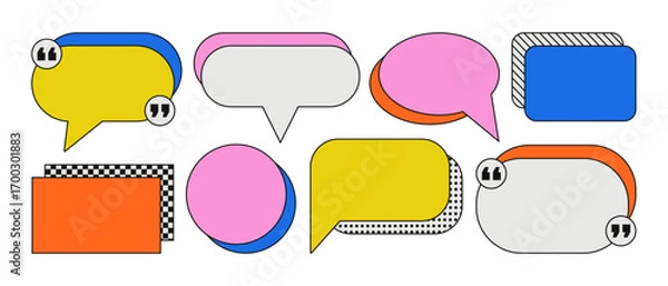 Fototapeta Collection of blank colorful speech bubbles and comic elements in memphis style. Perfect for stickers, posters, t-shirt prints, social media graphics, and creative design projects.