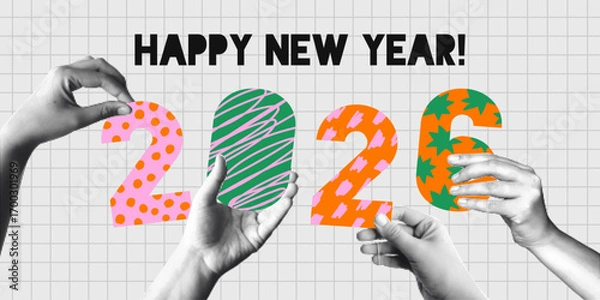 Fototapeta  Halftone collage with cut out hands and numbers 2026. Banner for new year. Grungy punk aesthetic perfect for zines, posters, DIY flyers, tattoo, graphics, cards, stickers