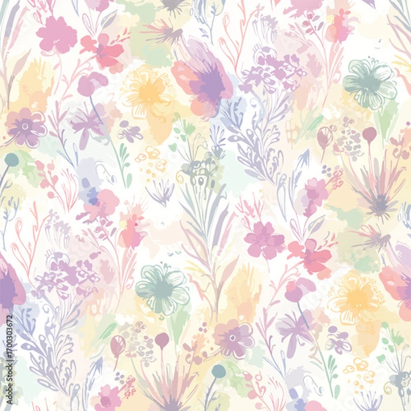Fototapeta Delicate floral pattern with watercolor effect and pastel color palette, patern seamless, Stock royalty free.