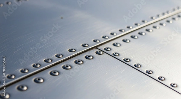 Fototapeta A high-detail, abstract shot of a metallic aircraft surface, showing the repeating pattern of rivets and panel lines. The image has a clean, technical aesthetic, emphasizing the texture