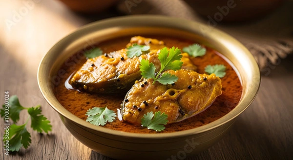 Fototapeta Bengali fish curry with mustard seeds and coriander in a bowl on table