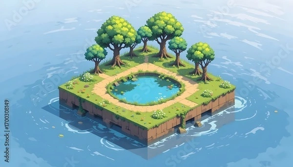 Fototapeta Isometric Pixel Art Island Landscape with Pond and Trees – 8-Bit Style