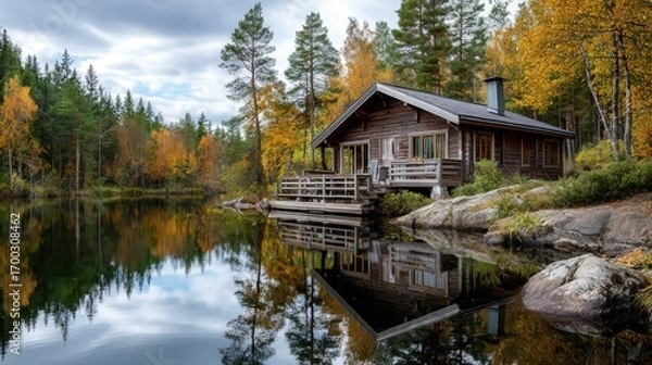 Obraz A tranquil cabin by a calm lake, surrounded by stunning autumn foliage and towering trees, perfect for a peaceful retreat.