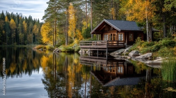 Obraz A tranquil lakeside cabin surrounded by autumn trees reflecting on the water, offering a serene escape into nature's beauty.