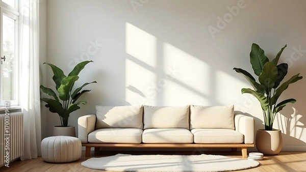 Fototapeta Sunlit minimalist living room with a comfortable sofa and lush green indoor plants, creating a serene and modern home interior space bathed in natural light and elegant shadows