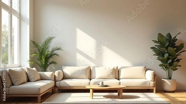Fototapeta Sunlit living room showcases a sectional sofa with plants, creating a modern, minimalist atmosphere.