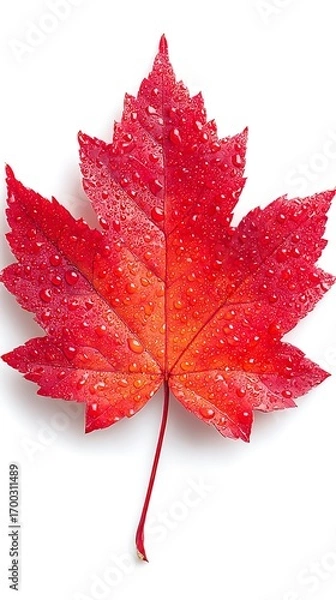Fototapeta Close-up of vibrant red maple leaf with water droplets on white background