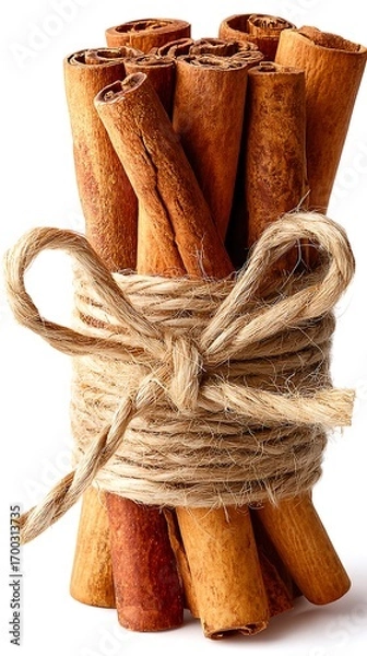 Fototapeta Bundle of cinnamon sticks tied with twine on white background
