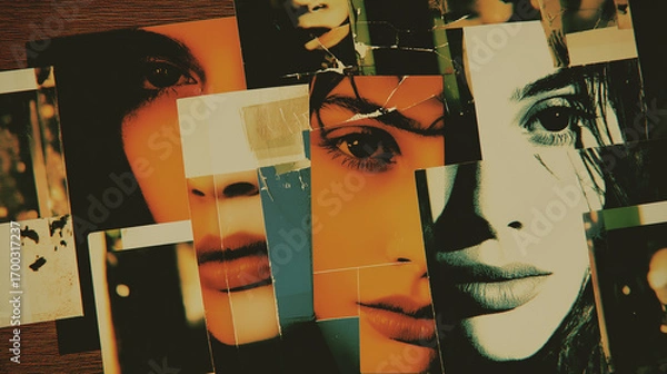 Fototapeta Surreal fragmented collage of a woman’s face, composed of overlapping photographs, torn edges, and contrasting colors, creating a layered abstract portrait with a dreamlike atmosphere