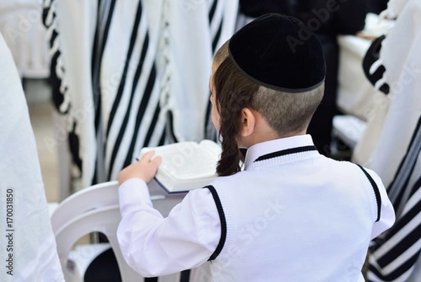 Obraz JERUSALEM, ISRAEL - APRIL 2017: Jewish hasidic pray a the Western Wall, Wailing Wall the Place of Weeping is an ancient limestone wall in the Old City of Jerusalem.