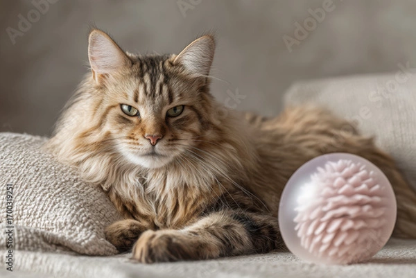 Fototapeta fluffy cat lounging comfortably on cozy couch with playful toy in its paws exuding tranquility