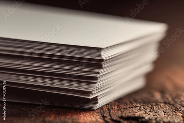 Fototapeta set of elegant business cards lying on richly textured wooden table featuring ar names displayed in blurred white