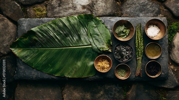 Fototapeta Banana leaf fresh green banana leaf which is empty placed on wooden texture
