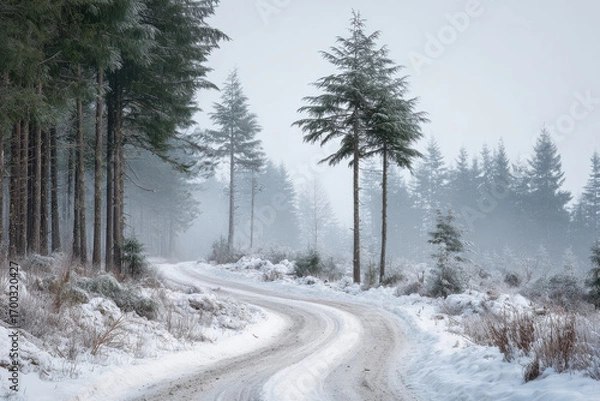 Fototapeta tranquil winter road winds through snowy forest where towering fir trees stand tall