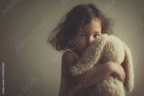 Fototapeta small girl with trembling lips hugging soft toy while sitting against clean solid background