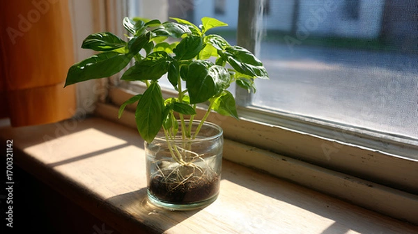 Fototapeta The bush of basil in a pot on beautiful background

