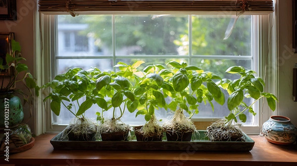 Fototapeta Wick watering. plants in pots on glasses stand on a shelf on a window
