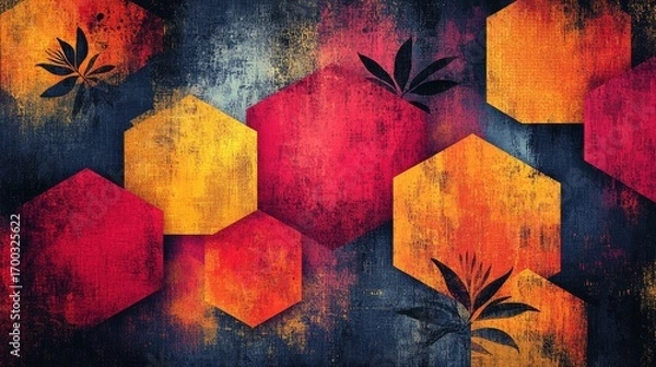 Obraz Vibrant, textured hexagon pattern with abstract botanical elements