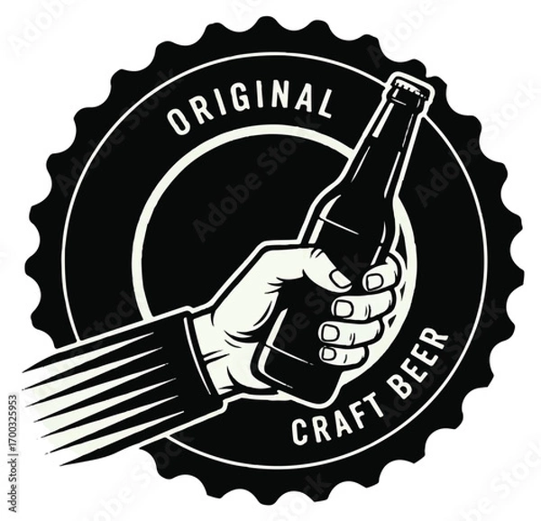 Obraz Vintage monochrome emblem of a hand holding a craft beer bottle.