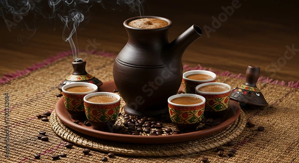 Fototapeta "Traditional Ethiopian coffee served in a jebena clay pot with small ornate cups placed on a woven mat. The setup includes incense smoke and roasted coffee beans scattered around, symbolizing hospital