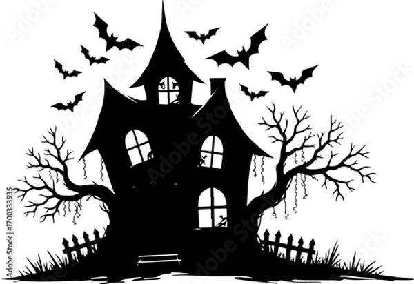 Fototapeta Haunted House Silhouette with Bats and Bare Tree