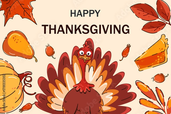 Fototapeta Happy Thanksgiving. Autumn background with turkey, pumpkin, pie and autumn leaves. Vector illustration.