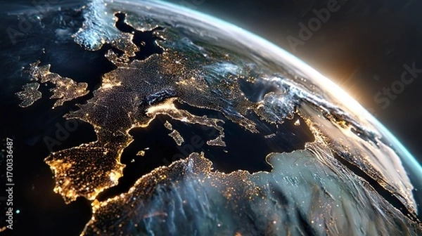 Fototapeta Glowing Earth globe seen from space, Europe clearly visible, luminous and radiant colors, brilliant light reflections, ethereal and futuristic atmosphere
