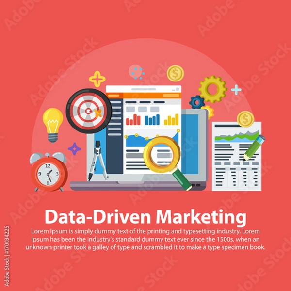 Fototapeta Data driven marketing strategy. Web banner in flat style. Lead generation, profit, business growth concept with icons. Business growth analytics and valuation development. Vector illustration.