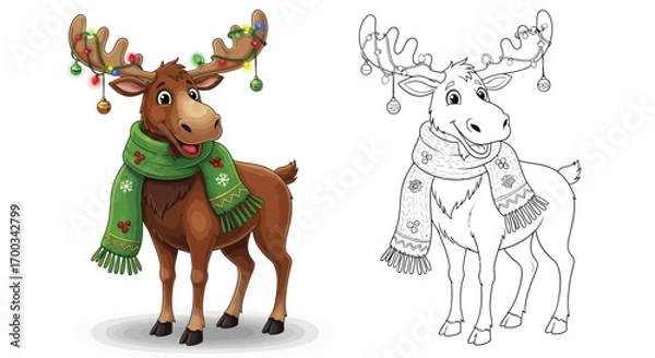 Fototapeta Festive Holiday Moose Character Coloring Page with Color and Outline Versions Fun