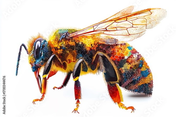 Fototapeta Vibrant close-up of a bee showcasing intricate details and colorful patterns on its body in a creative artistic style