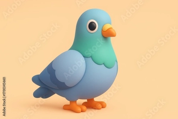 Fototapeta Cute cartoon pigeon character with a minimalist 3D design. Adorable avian mascot isolated on a simple pastel background